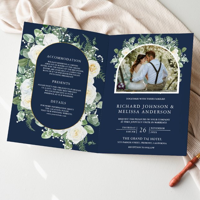 Ivory Floral Photo Navy Blue QR Code Wedding Invitation (Creator Uploaded)