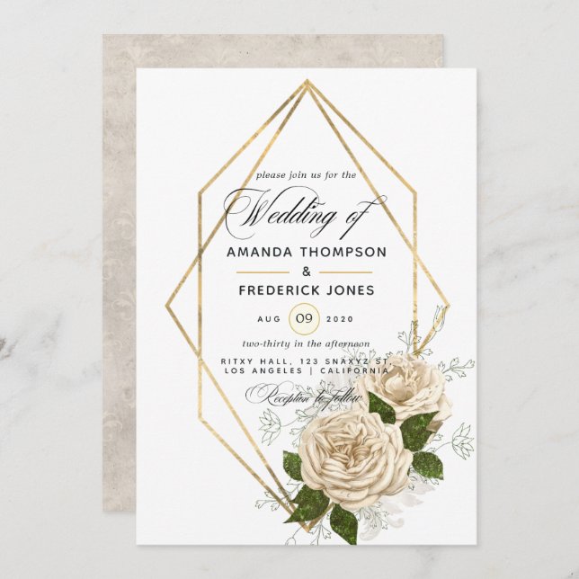 Ivory Floral Polygonal Rustic Wedding Invitation (Front/Back)