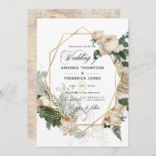 Ivory Floral Polygonal Rustic Wedding Invitation