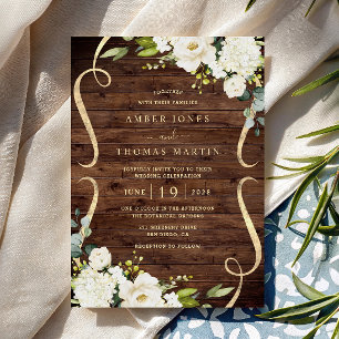 Ivory Floral Pretty Rustic Wood Wedding Invitation