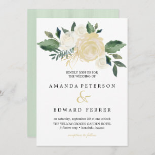 Ivory Floral  Roses bouquet wedding mint Invitation