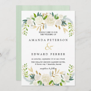 Ivory Floral  Roses  wedding Mint Invitation