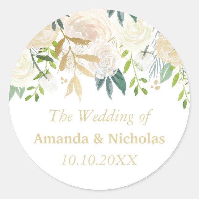 Ivory Floral Roses  wedding personalised Classic Round Sticker (Front)