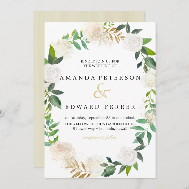 Ivory Floral  Roses wreath wedding blush pink Invitation (Front/Back)