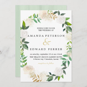 Ivory Floral  Roses wreath wedding mint Invitation