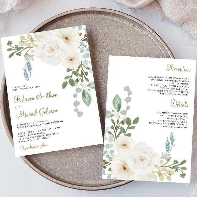 Ivory Floral Sage Green Leaves All in One Wedding Invitation (Creator Uploaded)