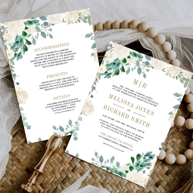 Ivory Floral Sage Green Leaves All in One Wedding Invitation (Creator Uploaded)