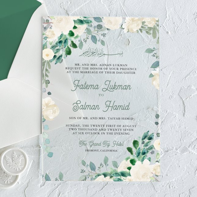 Ivory Floral Sage Green Leaves Islamic Wedding Acrylic Invitations (Creator Uploaded)