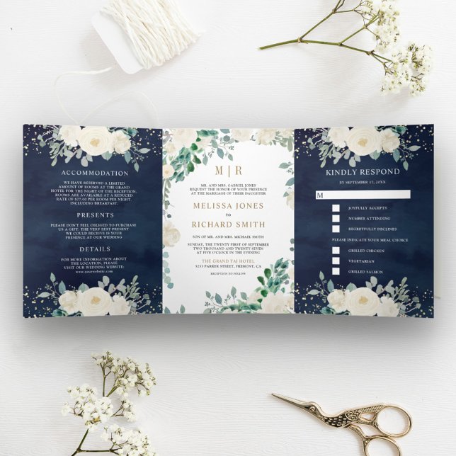 Ivory Floral Sage Green Leaves Navy Blue Wedding Tri-Fold Invitation (Creator Uploaded)