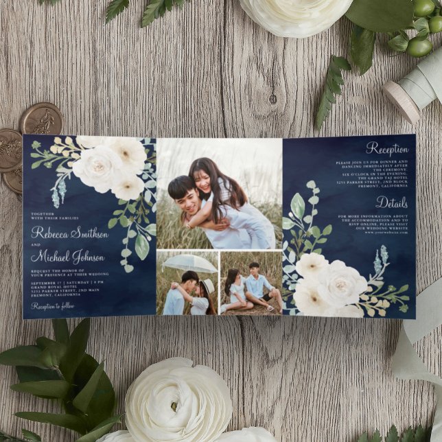 Ivory Floral Sage Green Leaves Photo Navy Wedding Tri-Fold Invitation (Creator Uploaded)