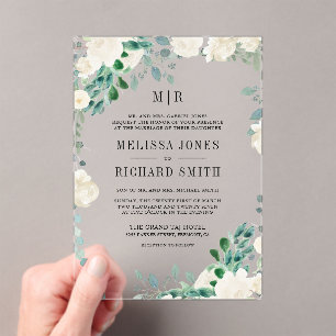 Ivory Floral Sage Green Leaves Wedding Acrylic Invitations