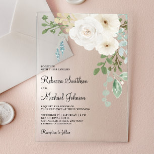 Ivory Floral Sage Green Leaves Wedding Acrylic Invitations