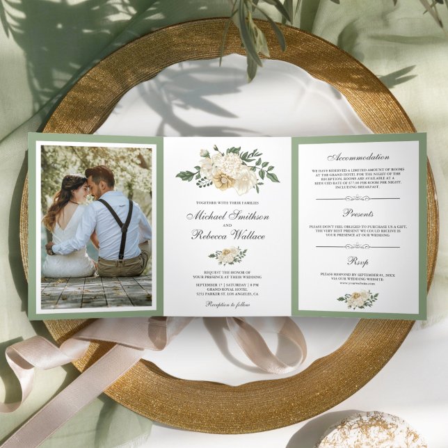 Ivory Floral Sage Green Leaves Wedding Photo Tri-Fold Invitation (Creator Uploaded)