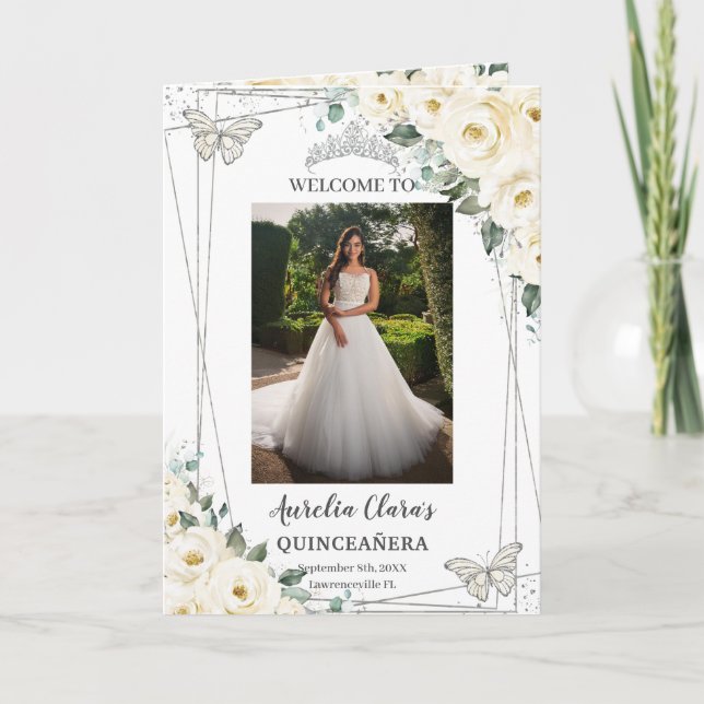 Ivory Floral Silver Quinceañera Order of Event Program (Front)