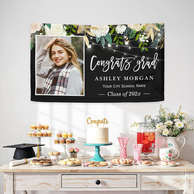 Ivory Floral String Lights Photo Graduation Banner (Creator Uploaded)