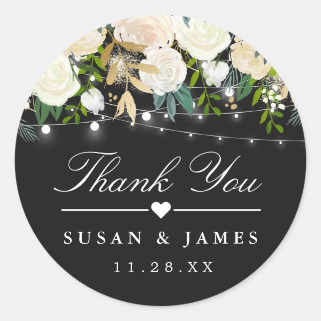 Ivory Floral String Lights Thank You Wedding Favou Classic Round Sticker (Front)