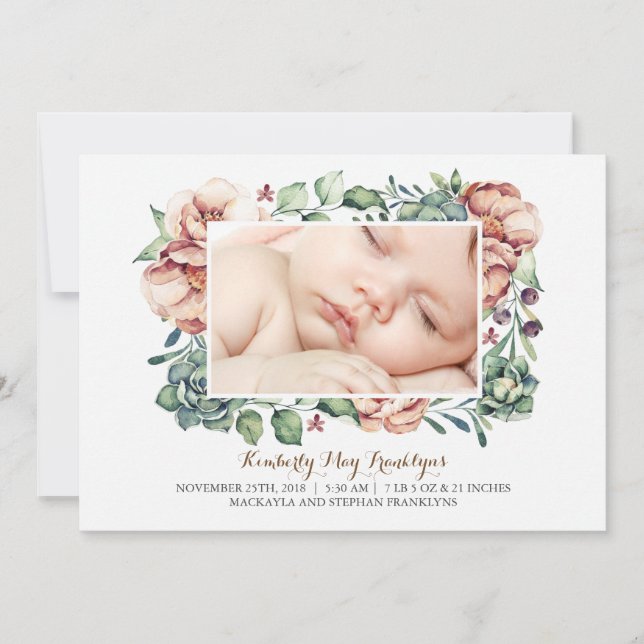 Ivory Floral Succulents Bouquet Birth Announcement (Front)