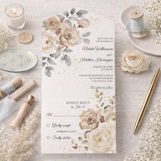 Ivory Floral Wedding All In One Invitation (Creator Uploaded)