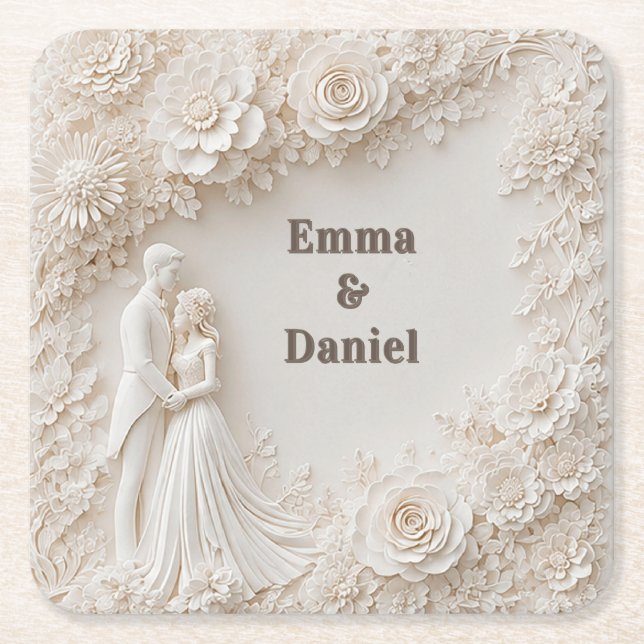 🤍 Ivory Floral Wedding Silhouette Frame🤍 Square Paper Coaster (Front)