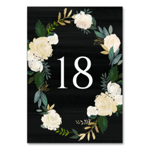 Ivory Floral Wreath with Greenery Black Wedding Table Number