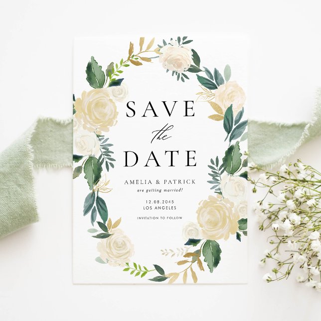 Ivory Floral Wreath with Greenery Save the Date Announcement Postcard (Modern QR code save the date postcard with ivory flowers, greenery, and gold foil accents.)