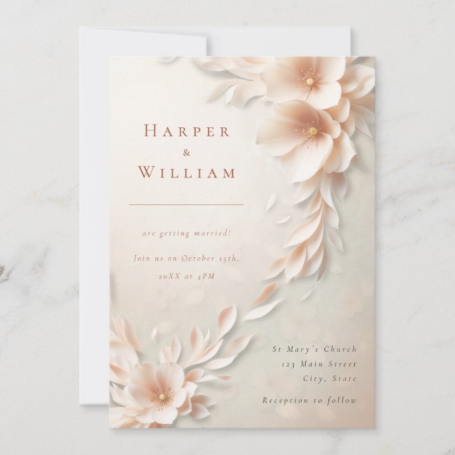 ivory florals flowing wedding invitation (Front)
