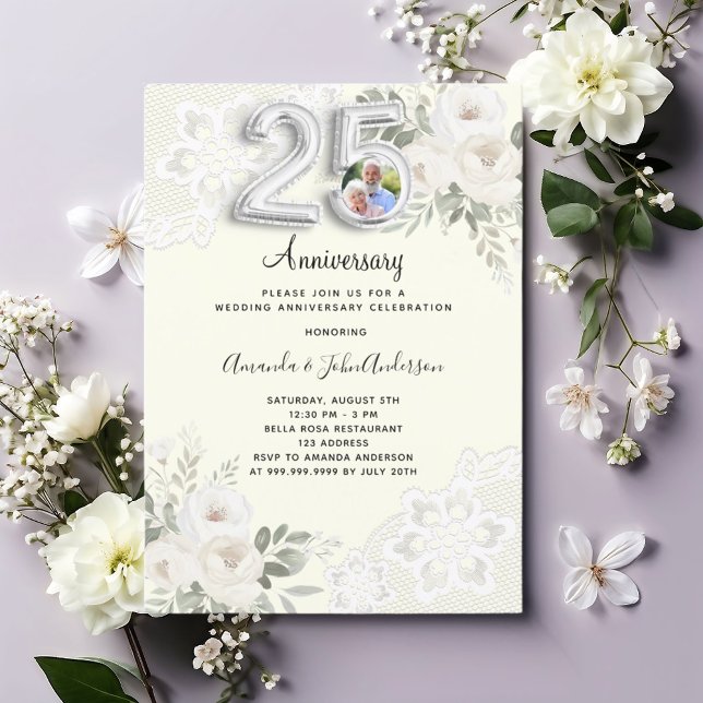 Ivory florals photo 25th wedding anniversary invitation (Creator Uploaded)
