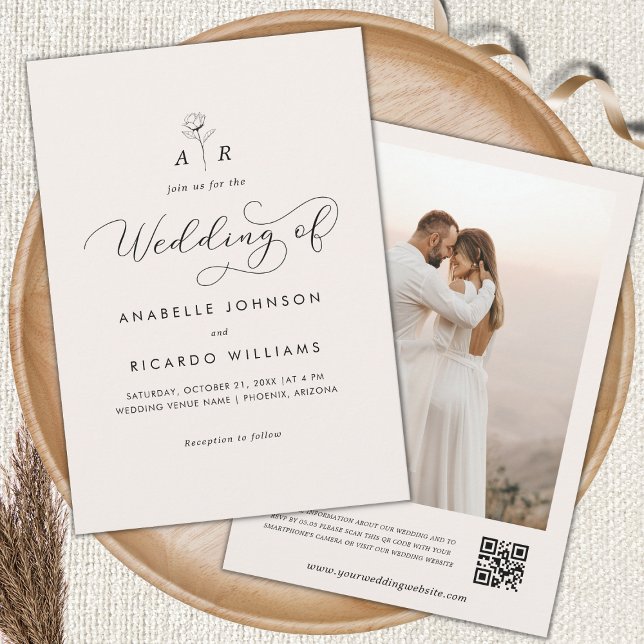 Ivory Flower Monogram Script Photo QR Code Wedding Invitation (Creator Uploaded)