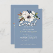 Ivory flowers on blue bridal shower invitations