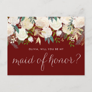 Ivory Flowers Red Will You Be My Maid of Honour Invitation Postcard