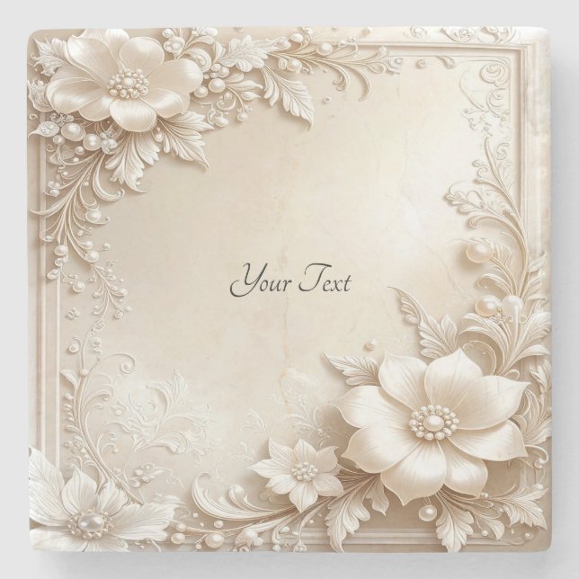 Ivory Flowers Stone Coaster (Front)