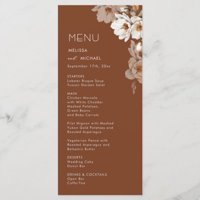 Ivory Flowers Terracotta Wedding Menu (Front)
