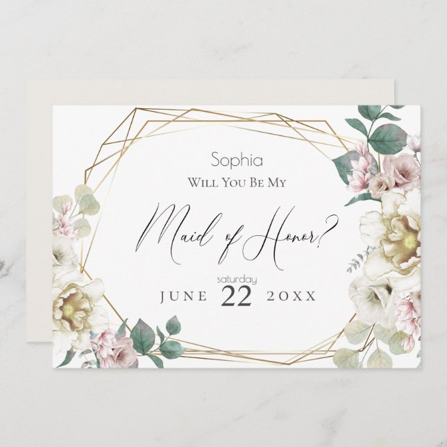 Ivory Flowers Will You Be My Maid of Honour Invitation (Front/Back)