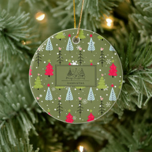 Ivory Forest Green French Country Winter Toile Ceramic Ornament