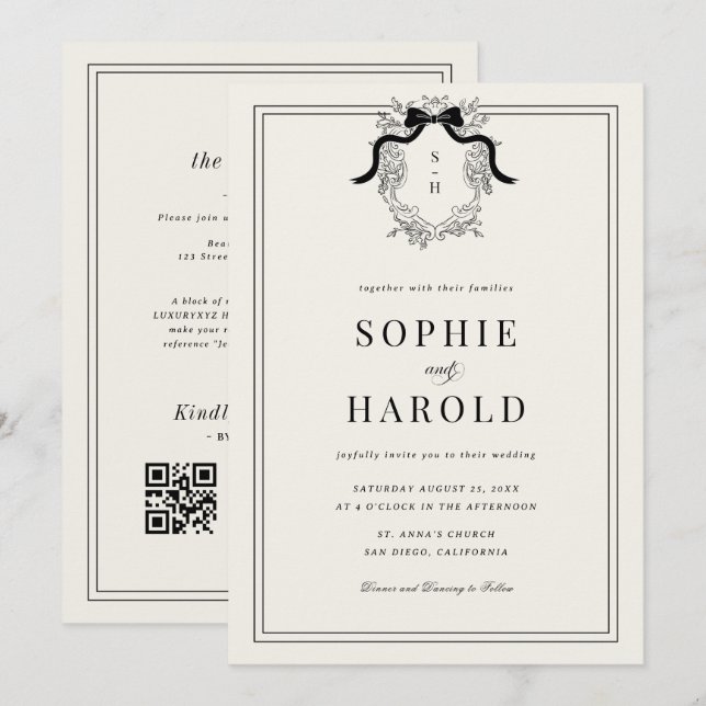 Ivory French Crest Monogram All in One Wedding Invitation (Front/Back)