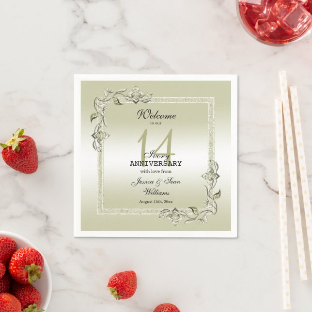 Ivory Gem & Glitter 14th Wedding Anniversary  Napkin (Insitu)