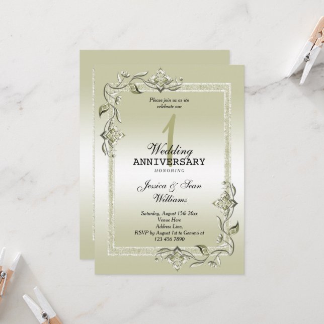 Ivory Gem & Glitter 1st Wedding Anniversary  Invitation (Front/Back In Situ)