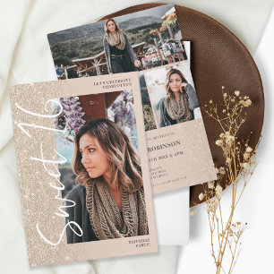 Ivory glitter ombre script 4 photos Sweet 16 Invitation