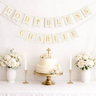 Ivory God Bless 7 Letters Gold Baptism Communion Bunting
