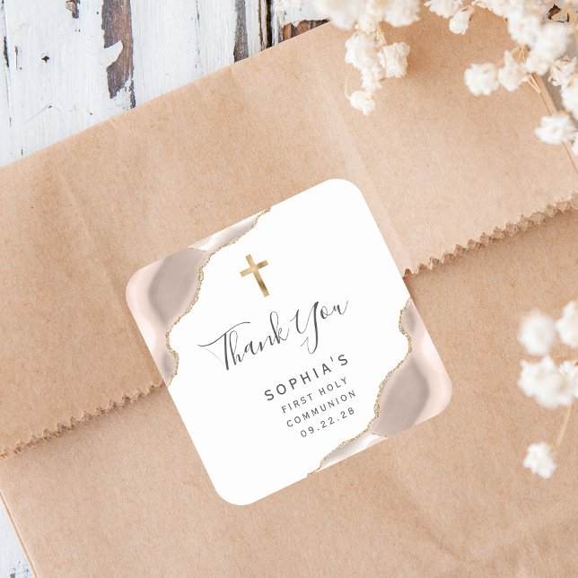 Ivory Gold Agate First Holy Communion Thank You Square Sticker (Creator Uploaded)