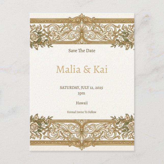 Ivory Gold Baroque Save the Date Postcard (Front)
