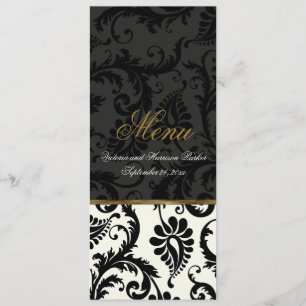 Ivory, Gold, Black Damask Wedding Menu Card