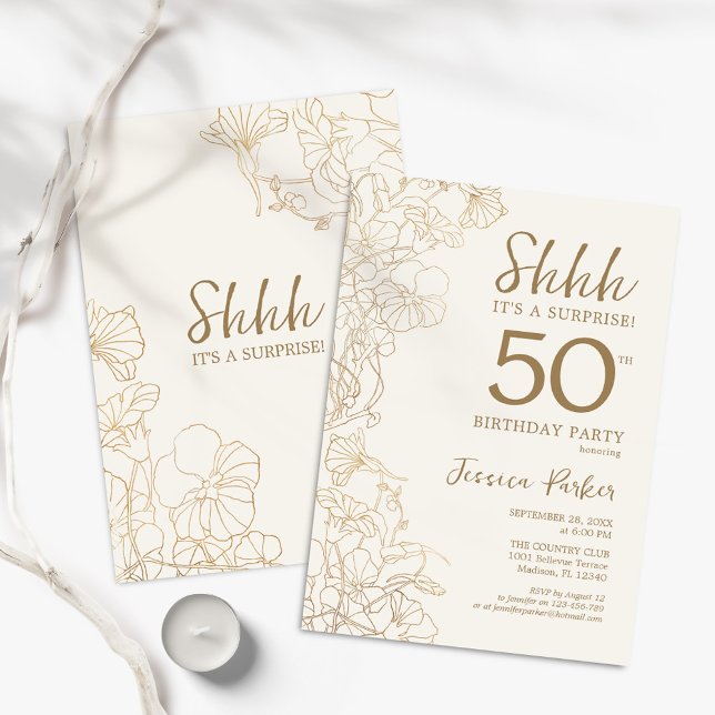 Ivory Gold Botanical Surprise 50th Birthday Invitation (Creator Uploaded)