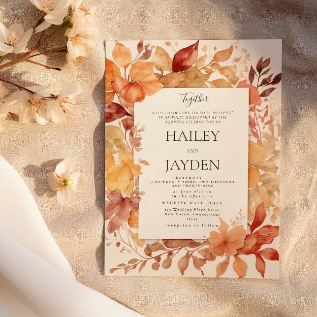 Ivory gold burgundy orange Autumn leaves wedding Invitation (Ivory gold burgundy orange Autumn leaves wedding )