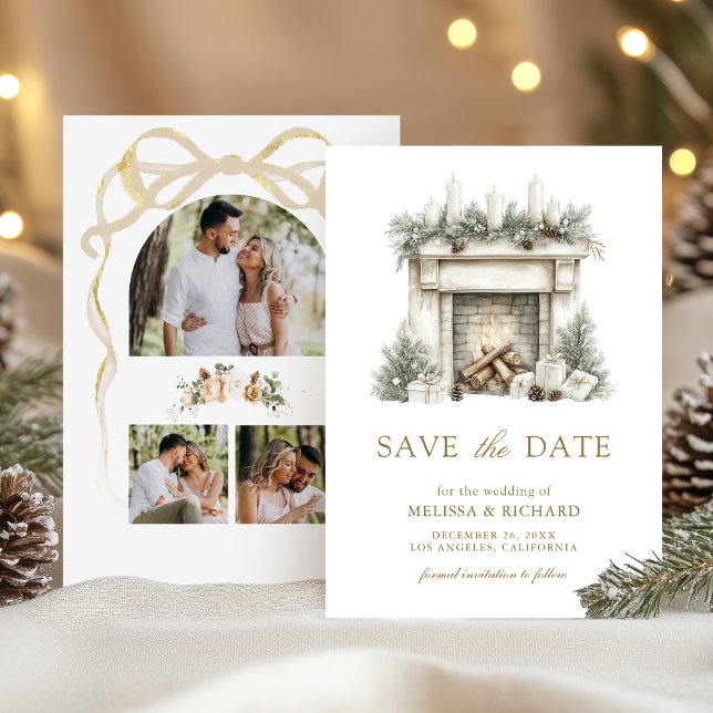Ivory Gold Christmas Fireplace Bow Photo Wedding Save The Date (Creator Uploaded)