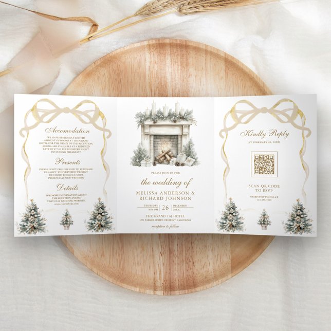 Ivory Gold Christmas Fireplace Bow QR Code Wedding Tri-Fold Invitation (Creator Uploaded)