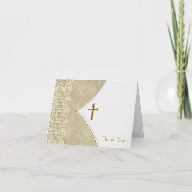 Ivory Gold Cross Baptism Christening Thank You Car Card (Front)