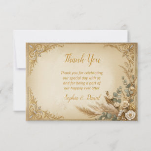 Ivory Gold Crown Pampas Elegant Royal Boho Thank You Card