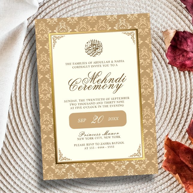 Ivory & Gold Damask Elegance Muslim Wedding Mehndi Invitation (Creator Uploaded)