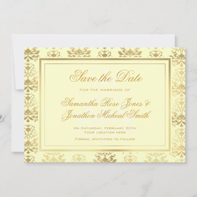 Ivory & Gold Damask Save the Date (Front)